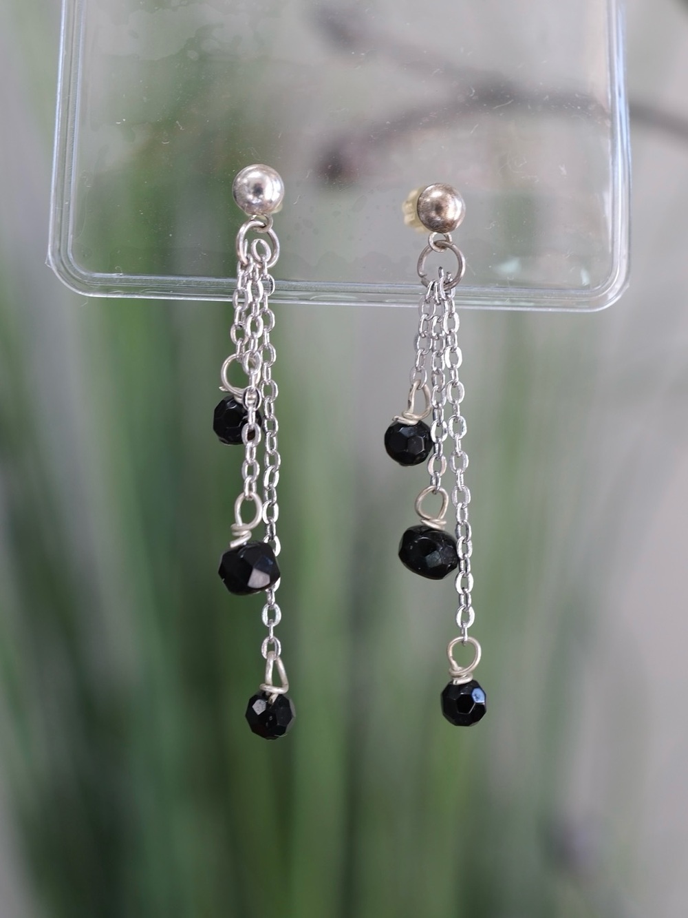 Faceted Black Crystal Triple Chain Dangle Earrings